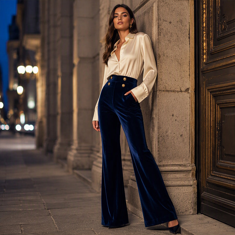 Pantalon évasé en velours taille haute pour femme