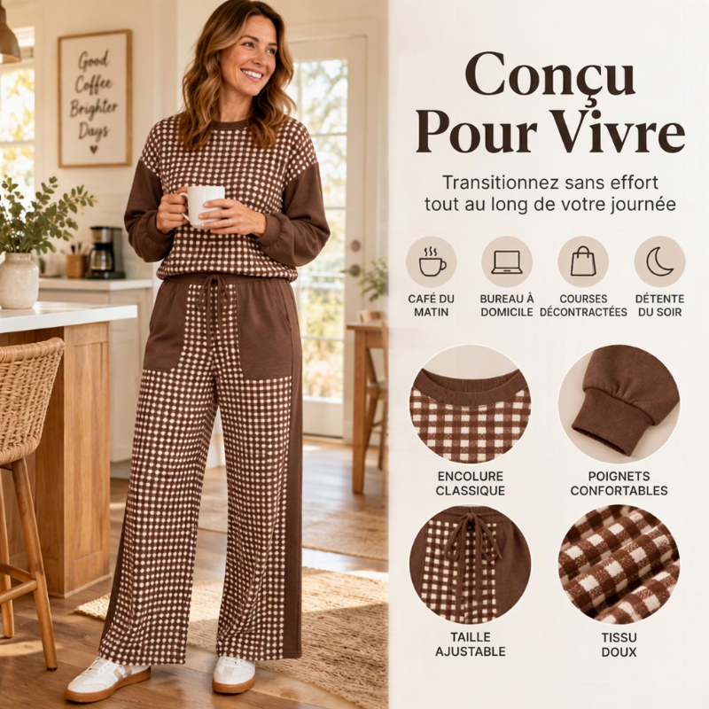 Ensemble Femme Haut à Manches Longues à Carreaux Carreaux Et Pantalon à Jambe Large