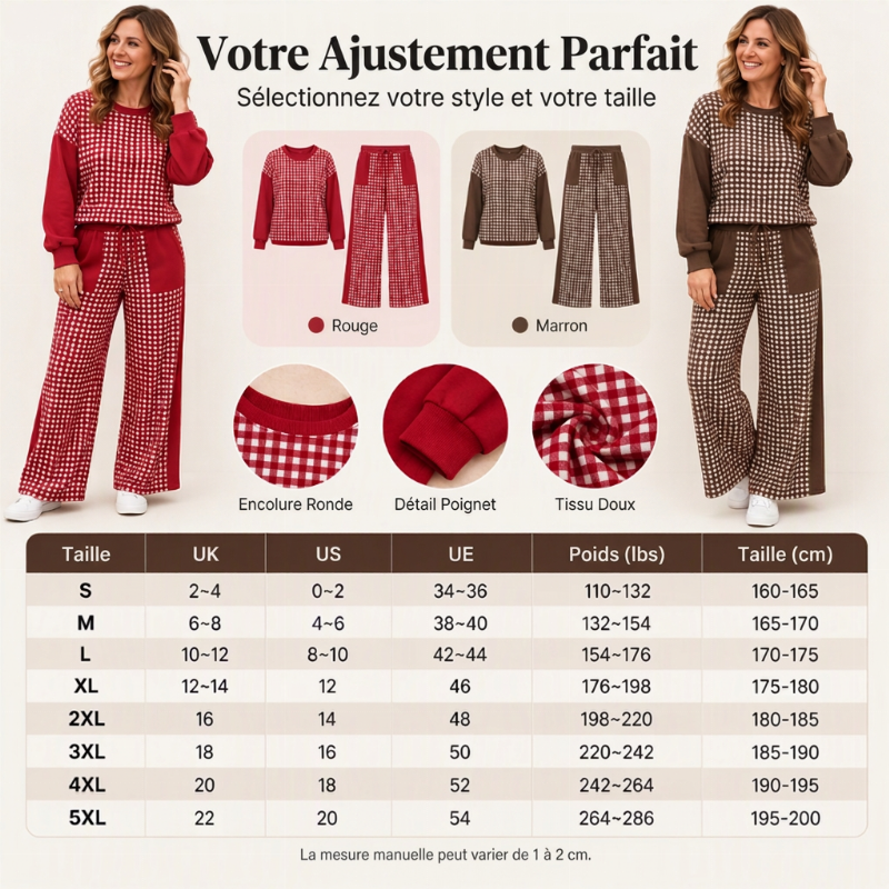 Ensemble Femme Haut à Manches Longues à Carreaux Carreaux Et Pantalon à Jambe Large