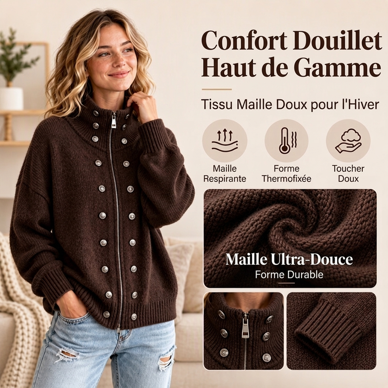 Cardigan en tricot à col montant et double boutonnage pour femmes