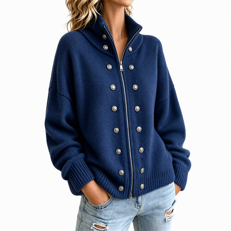 Cardigan en tricot à col montant et double boutonnage pour femmes