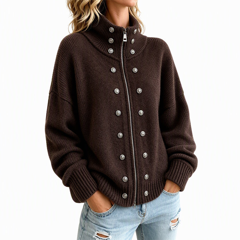 Cardigan en tricot à col montant et double boutonnage pour femmes