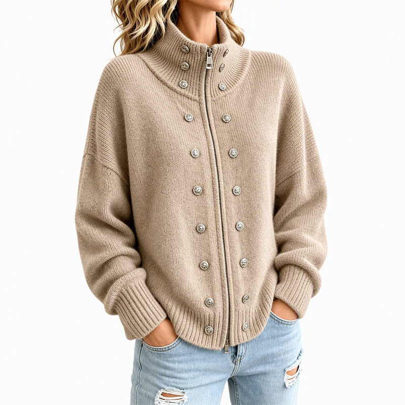 Cardigan en tricot à col montant et double boutonnage pour femmes