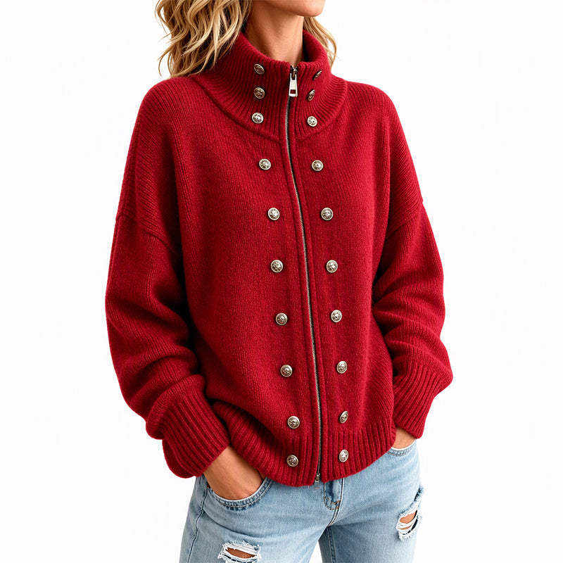 Cardigan en tricot à col montant et double boutonnage pour femmes