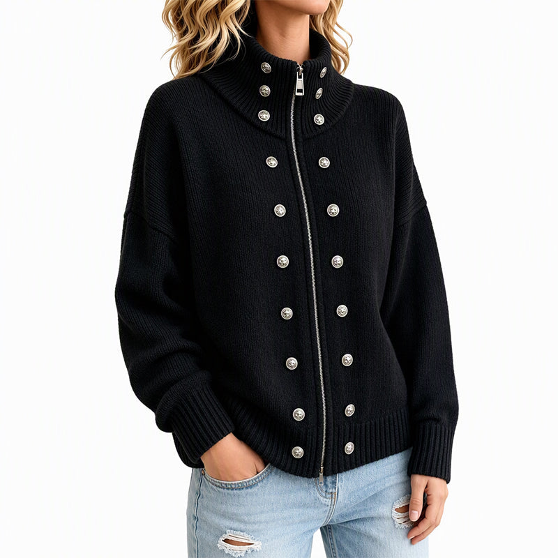Cardigan en tricot à col montant et double boutonnage pour femmes