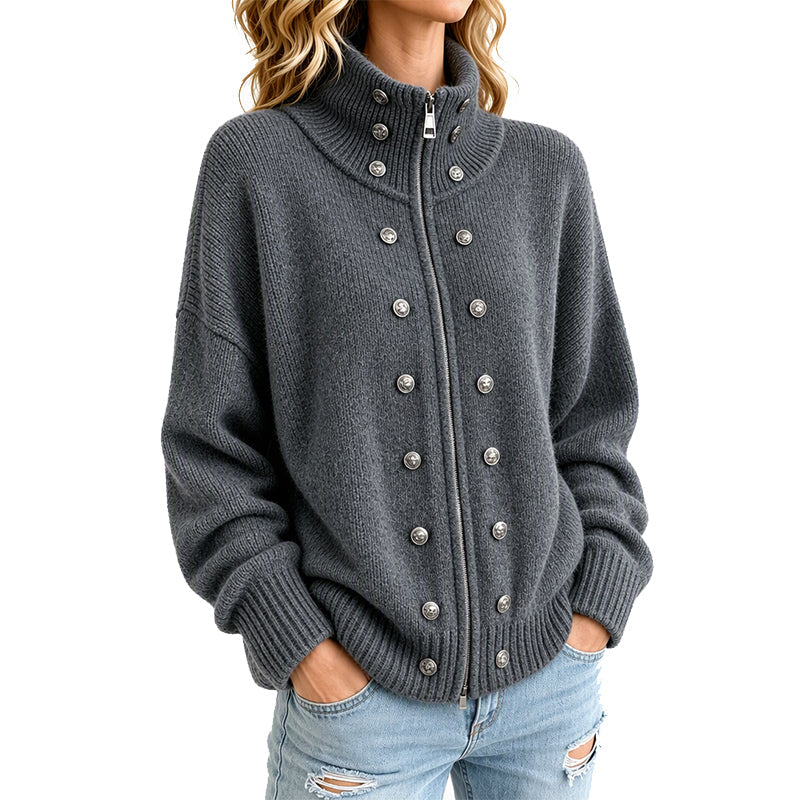 Cardigan en tricot à col montant et double boutonnage pour femmes