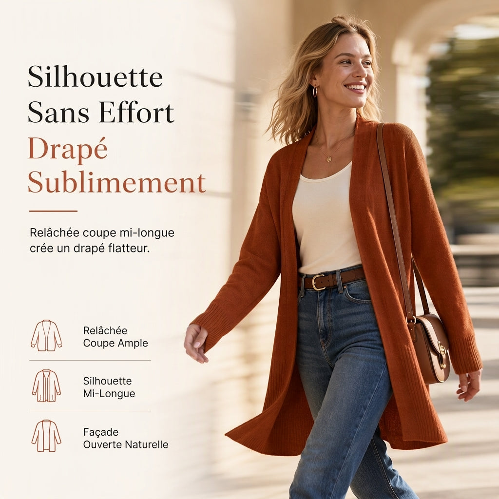 Gilet en maille femme mi-long à ouverture devant avec poignets côtes
