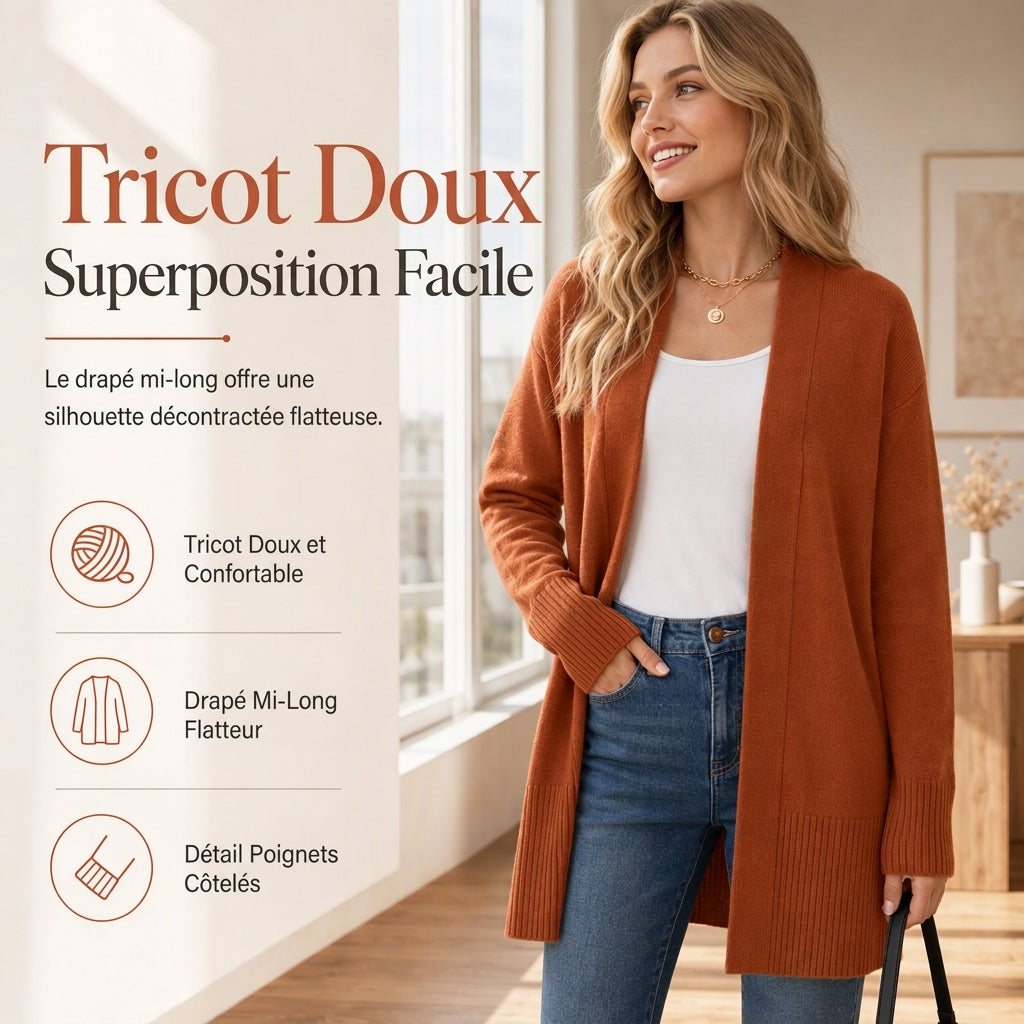 Gilet en maille femme mi-long à ouverture devant avec poignets côtes