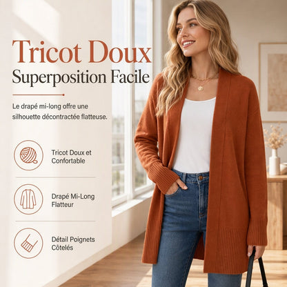 Gilet en maille femme mi-long à ouverture devant avec poignets côtes