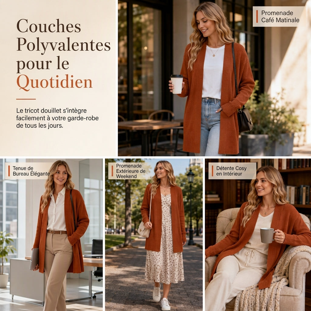 Gilet en maille femme mi-long à ouverture devant avec poignets côtes