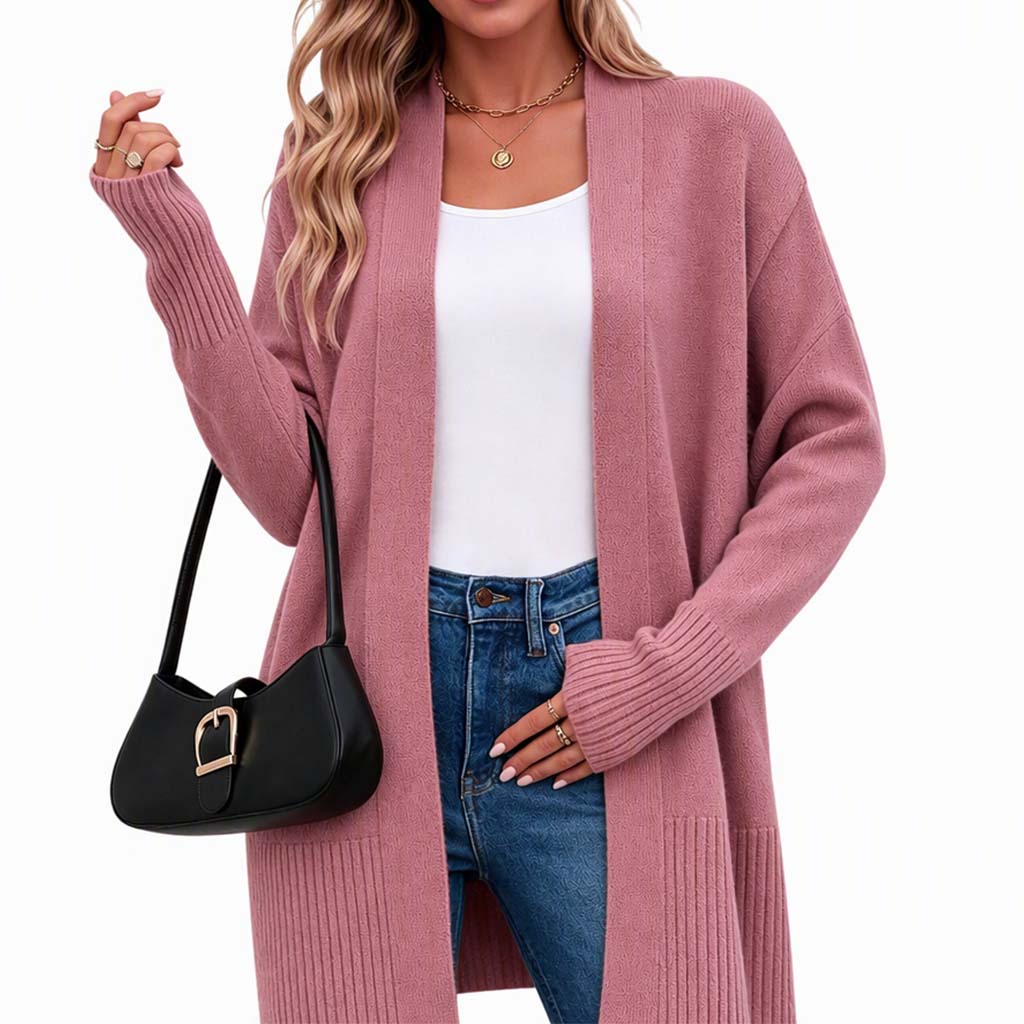 Gilet en maille femme mi-long à ouverture devant avec poignets côtes
