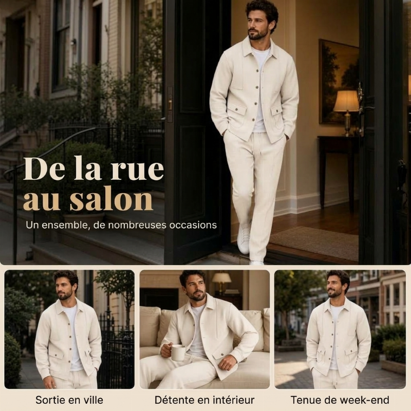 Ensemble veste cardigan en maille gaufrée et pantalon pour homme