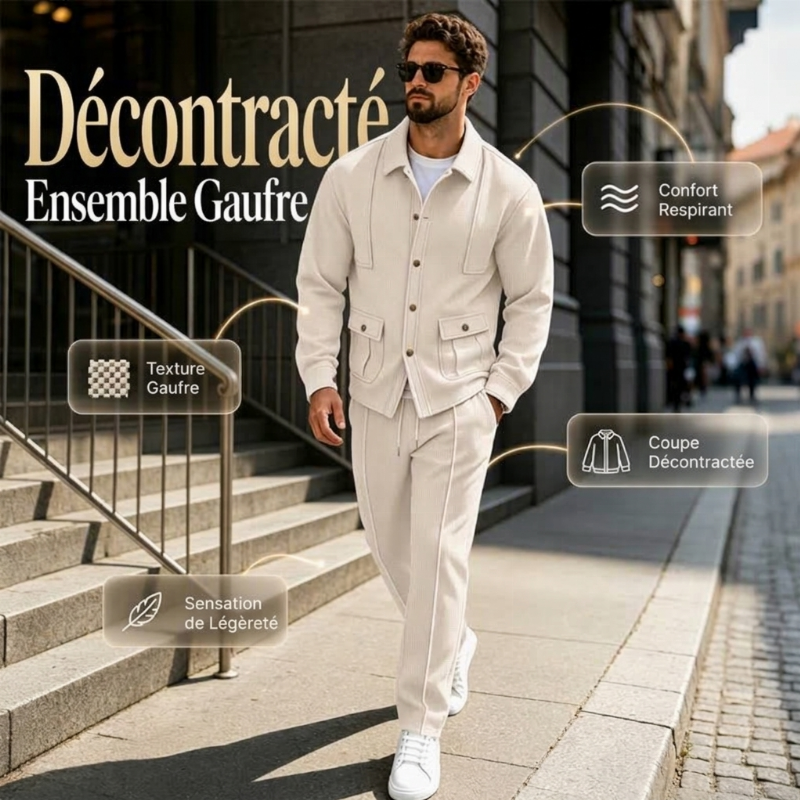 Ensemble veste cardigan en maille gaufrée et pantalon pour homme