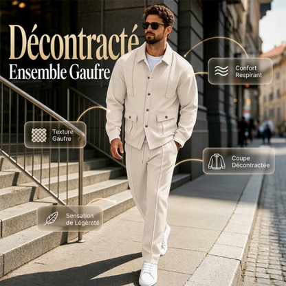 Ensemble veste cardigan en maille gaufrée et pantalon pour homme
