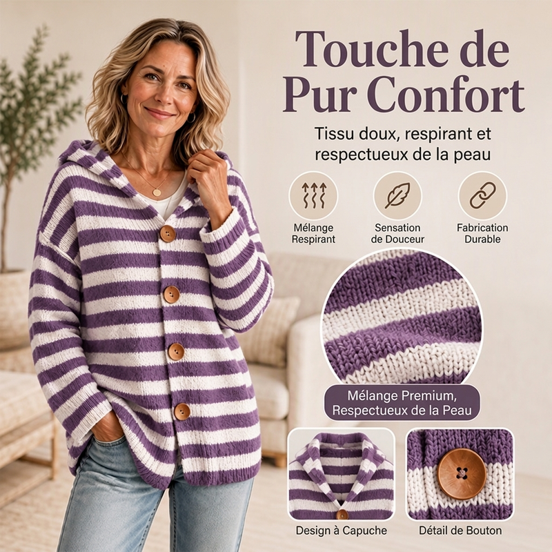 Cardigan en tricot à capuche rayé pour femme