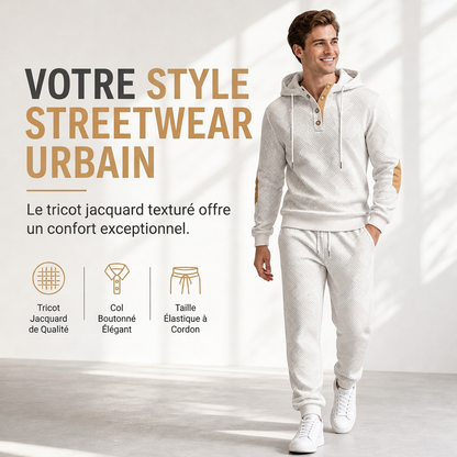 Ensemble de survêtement 2 pièces en jacquard pour homme, sweat à capuche et pantalon de survêtement décontractés pour automne-hiver