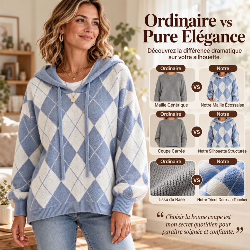 Pull à capuche Argyle décontracté pour femmes