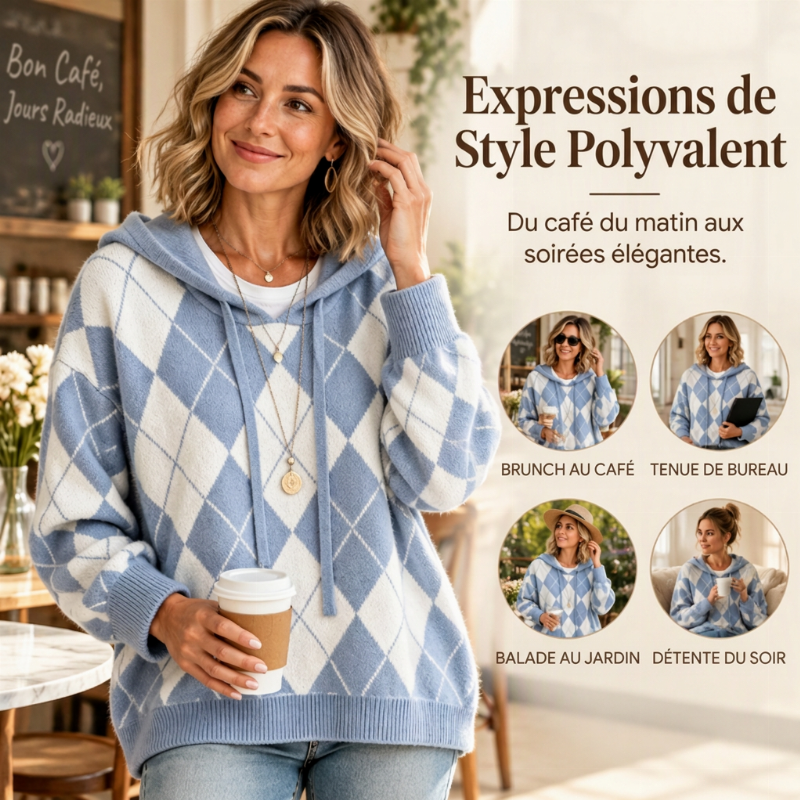 Pull à capuche Argyle décontracté pour femmes