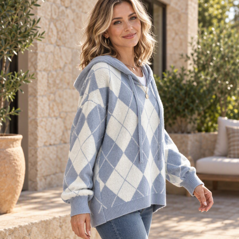 Pull à capuche Argyle décontracté pour femmes