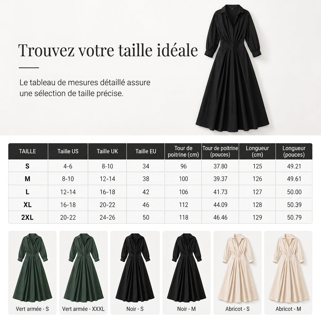 Robe chemise élégante en coton et lin à couleur unie pour femme, avec col rabattu, taille élastique et ourlet évasé