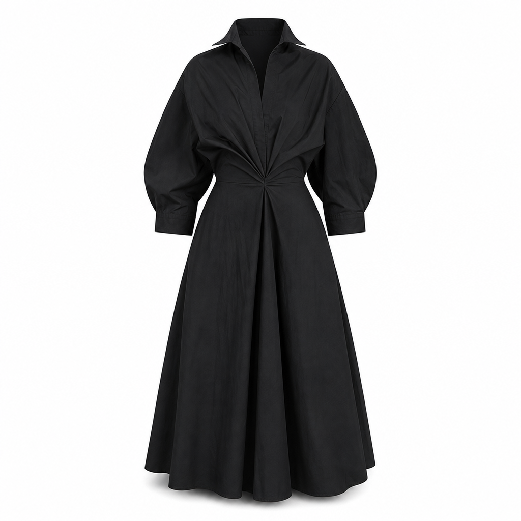 Robe chemise élégante en coton et lin à couleur unie pour femme, avec col rabattu, taille élastique et ourlet évasé