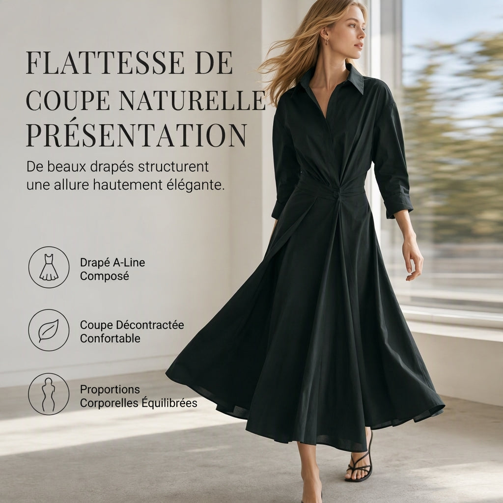 Robe chemise élégante en coton et lin à couleur unie pour femme, avec col rabattu, taille élastique et ourlet évasé