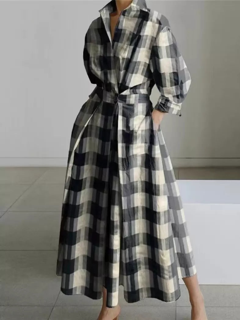 Robe chemise élégante en coton et lin à couleur unie pour femme, avec col rabattu, taille élastique et ourlet évasé