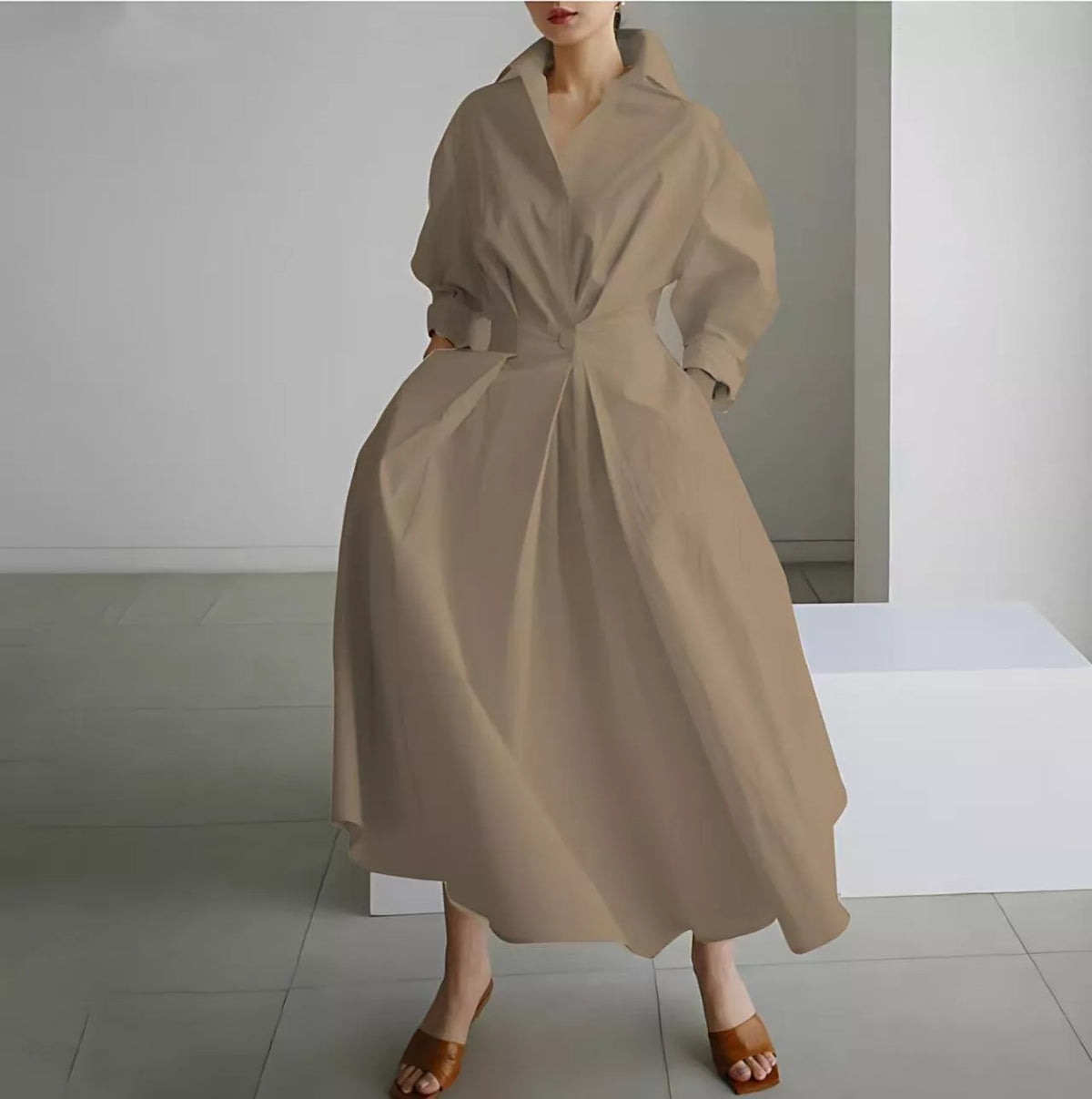 Robe chemise élégante en coton et lin à couleur unie pour femme, avec col rabattu, taille élastique et ourlet évasé