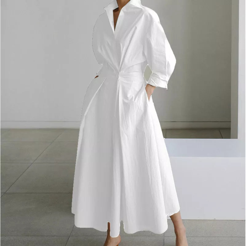 Robe chemise élégante en coton et lin à couleur unie pour femme, avec col rabattu, taille élastique et ourlet évasé