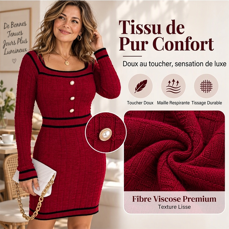 Robe moulante en maille élégante à col carré pour femme