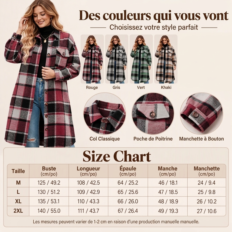 Longue chemise-veste à carreaux décontractée pour femmes, avec fente latérale