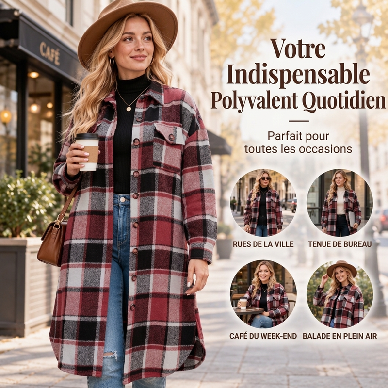Longue chemise-veste à carreaux décontractée pour femmes, avec fente latérale