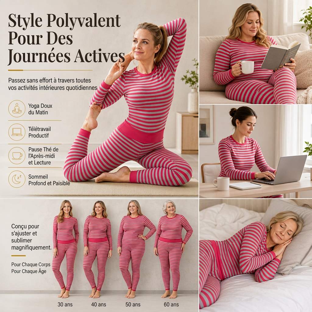 Ensemble de détente et de sport slim à rayures et blocs de couleur, haut à col rond et pantalon à manches longues pour femme