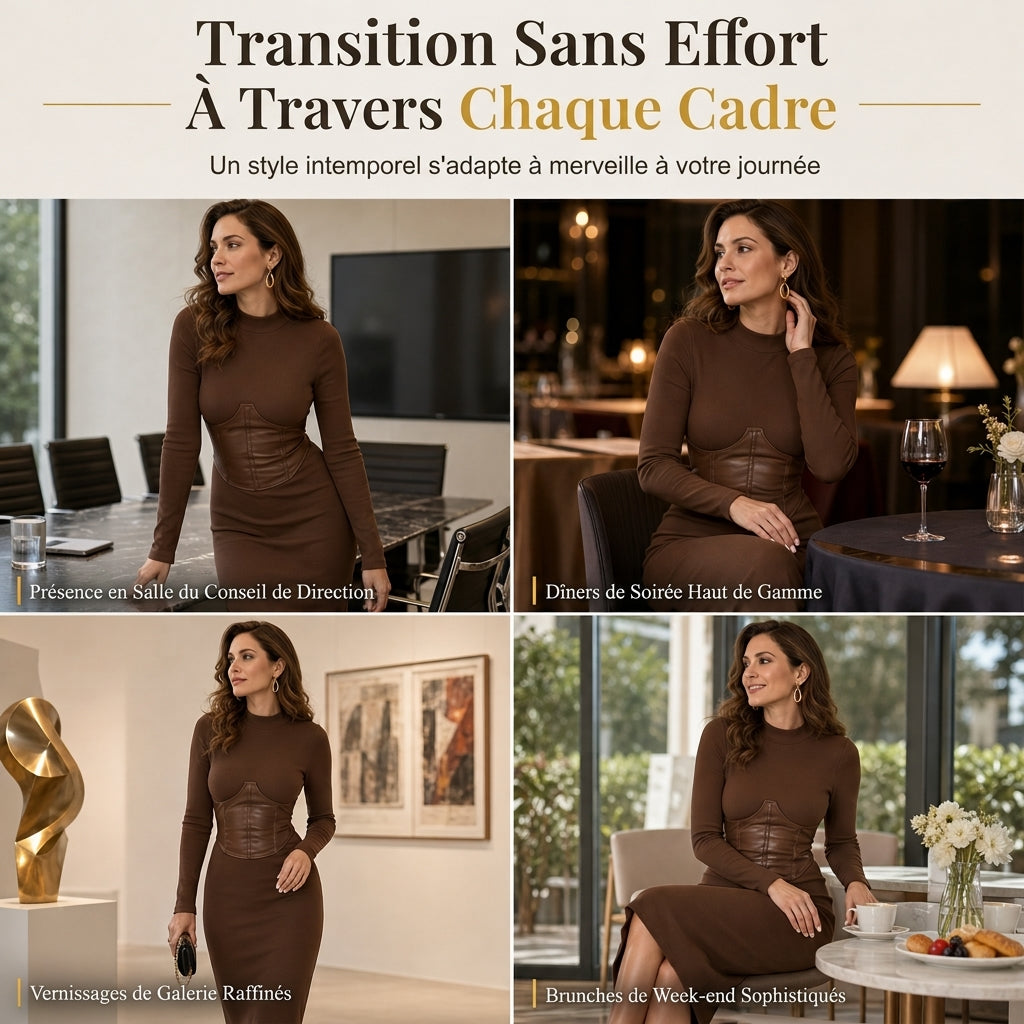Robe pull mouchetée à manches longues et col rond pour femme, coupe slim moulante