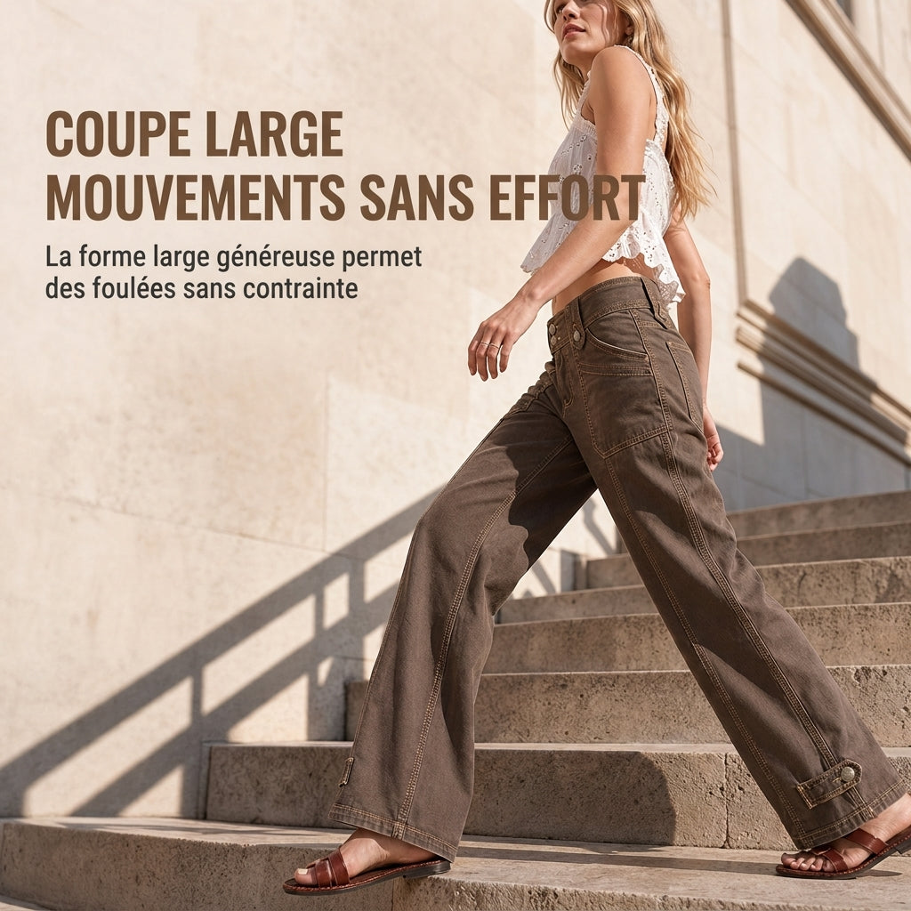 Pantalon à pattes d'éléphant utilitaire pour femme en coton mélangé lavé avec coutures contrastées