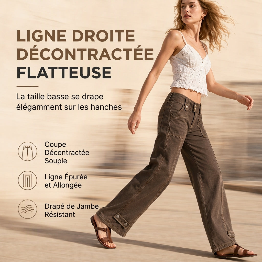 Pantalon à pattes d'éléphant utilitaire pour femme en coton mélangé lavé avec coutures contrastées