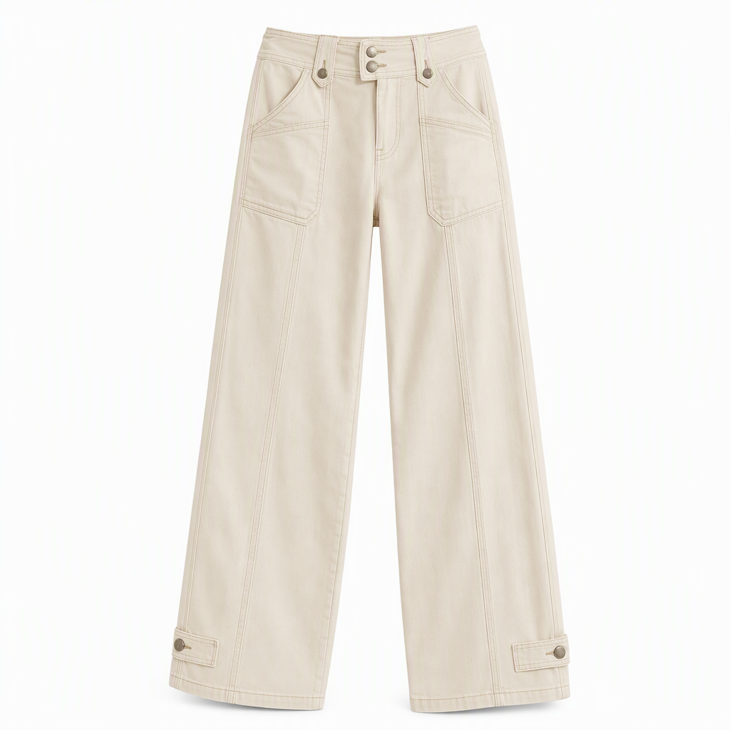 Pantalon à pattes d'éléphant utilitaire pour femme en coton mélangé lavé avec coutures contrastées