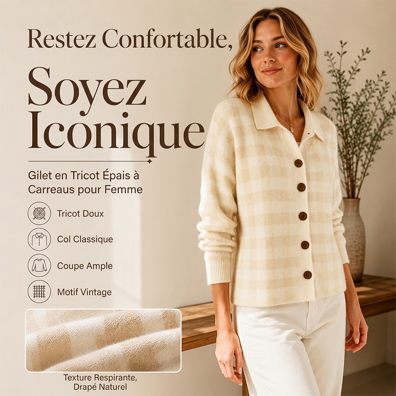 Pull en maille à carreaux et boutonnage pour femme