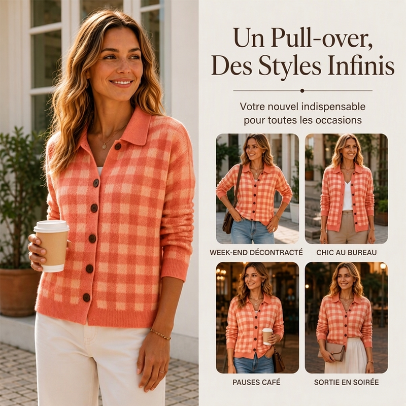 Pull en maille à carreaux et boutonnage pour femme
