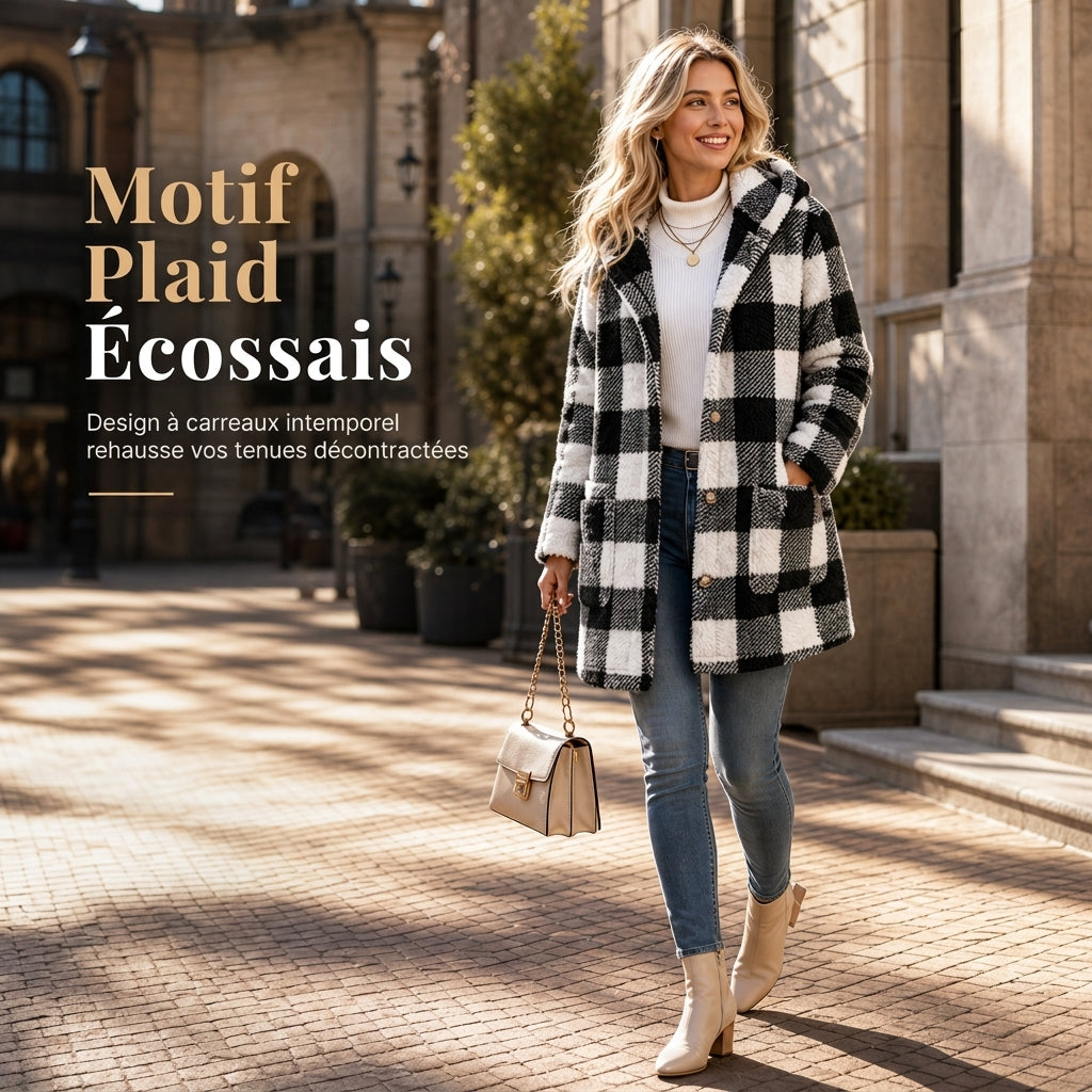 Manteau à capuche en fausse fourrure tissée à carreaux à manches longues pour femme