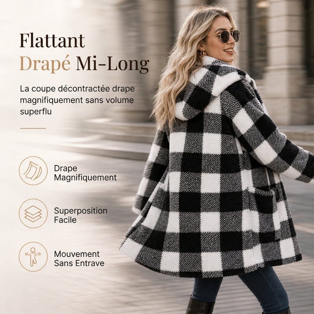 Manteau à capuche en fausse fourrure tissée à carreaux à manches longues pour femme