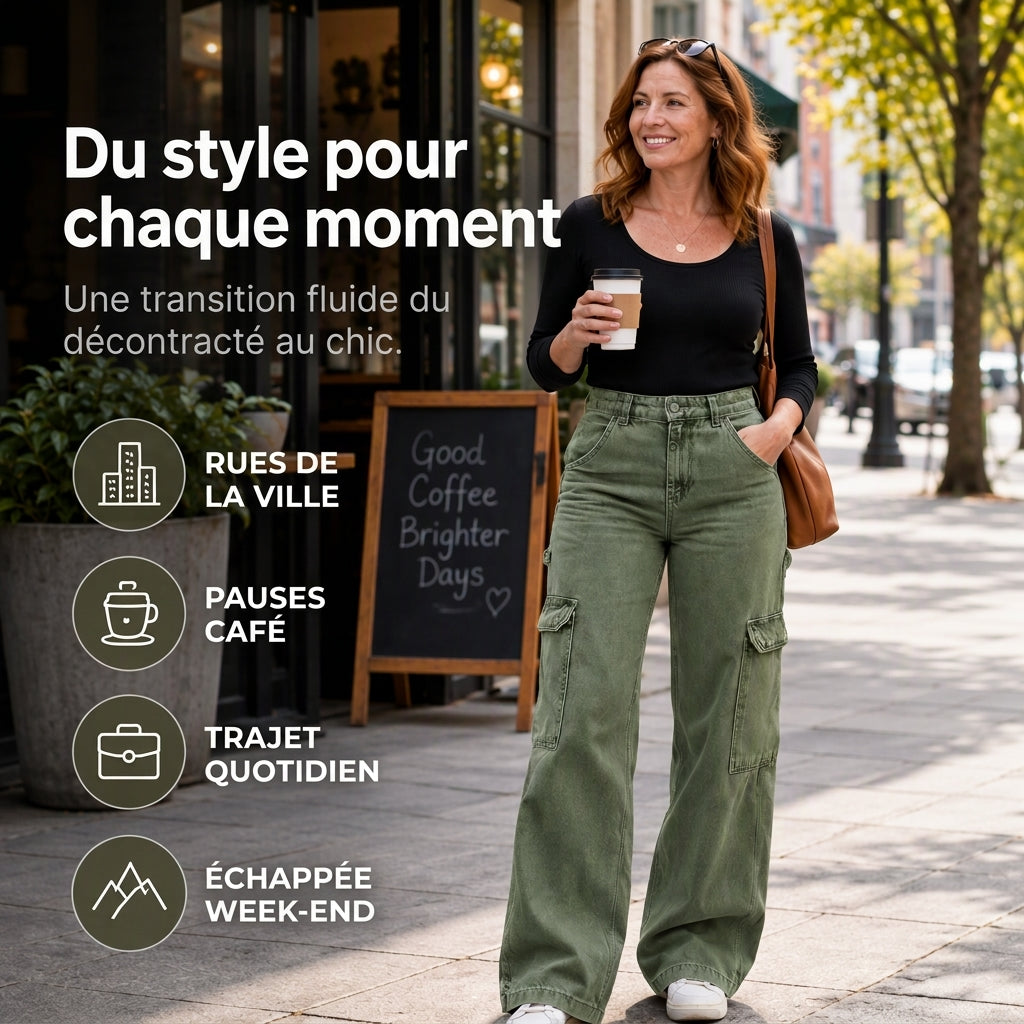 Pantalon cargo en denim stretch taille haute pour femme