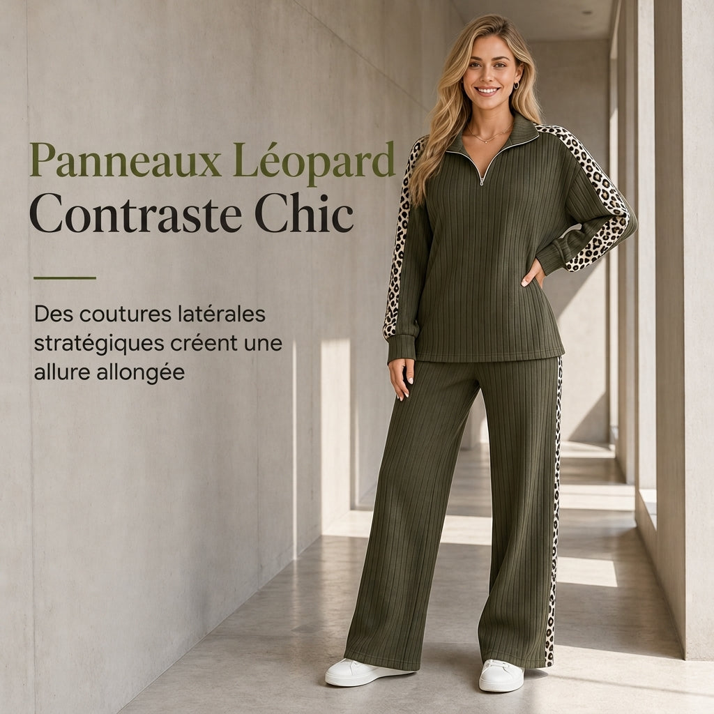 Ensemble de vêtements de détente en maille côtelée pour femme, composé d'un pull à col zippé et d'un pantalon à jambe large, avec des panneaux décoratifs à imprimé léopard
