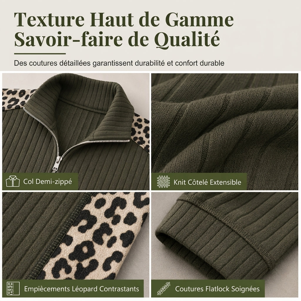 Ensemble de vêtements de détente en maille côtelée pour femme, composé d'un pull à col zippé et d'un pantalon à jambe large, avec des panneaux décoratifs à imprimé léopard