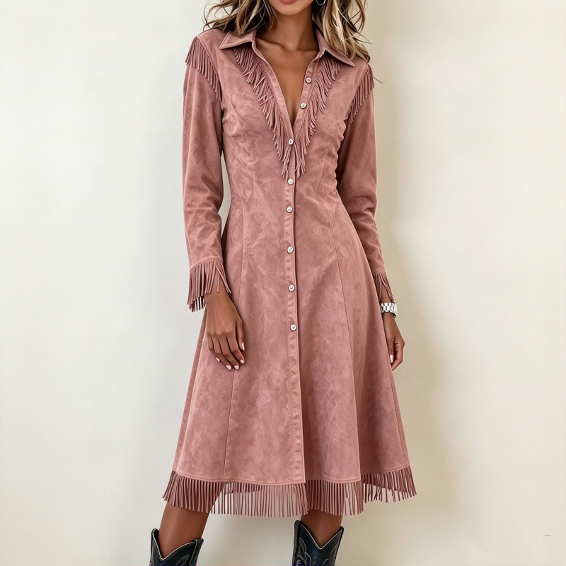 Robe à franges vintage à manches longues pour femmes