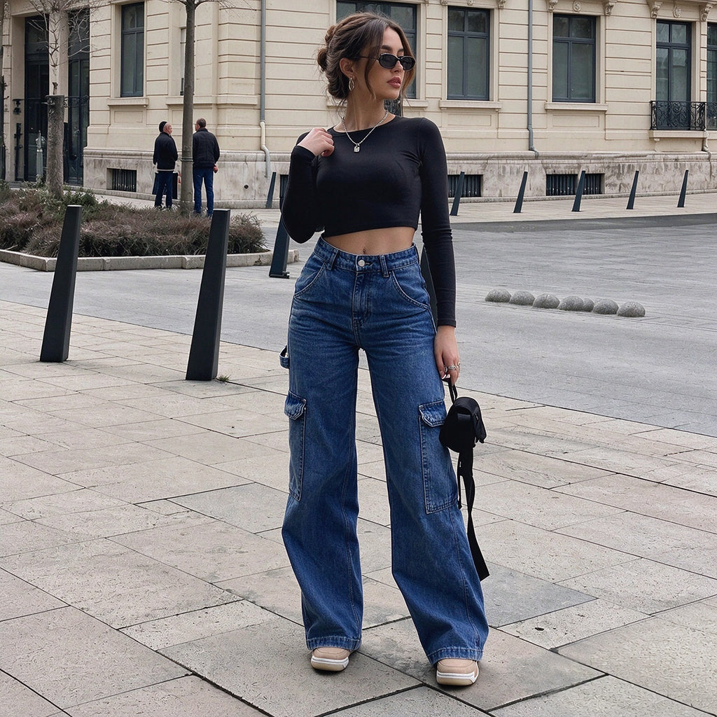 Pantalon cargo en denim stretch taille haute pour femme