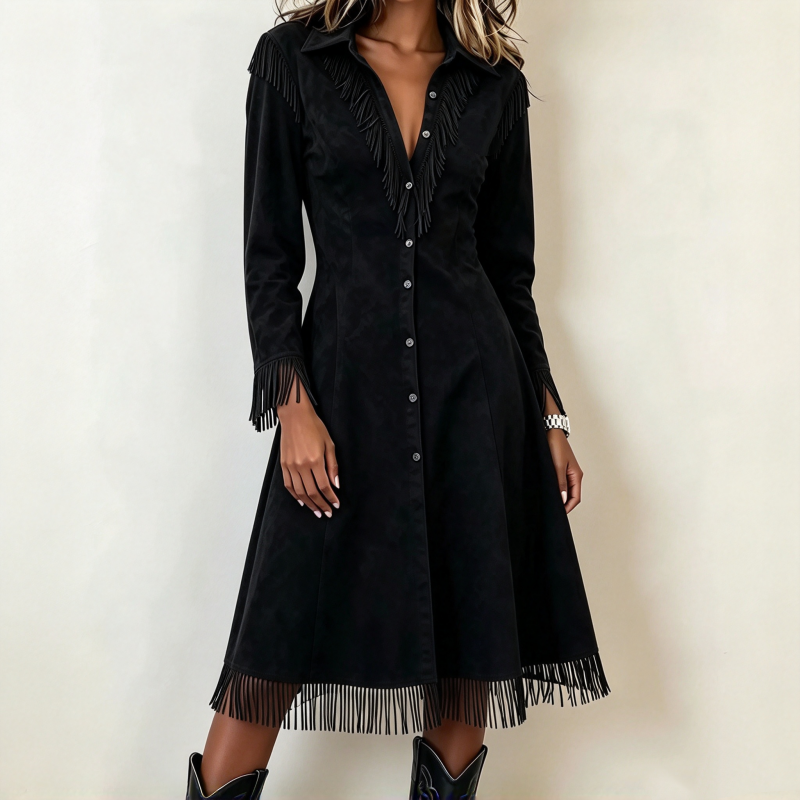 Robe à franges vintage à manches longues pour femmes
