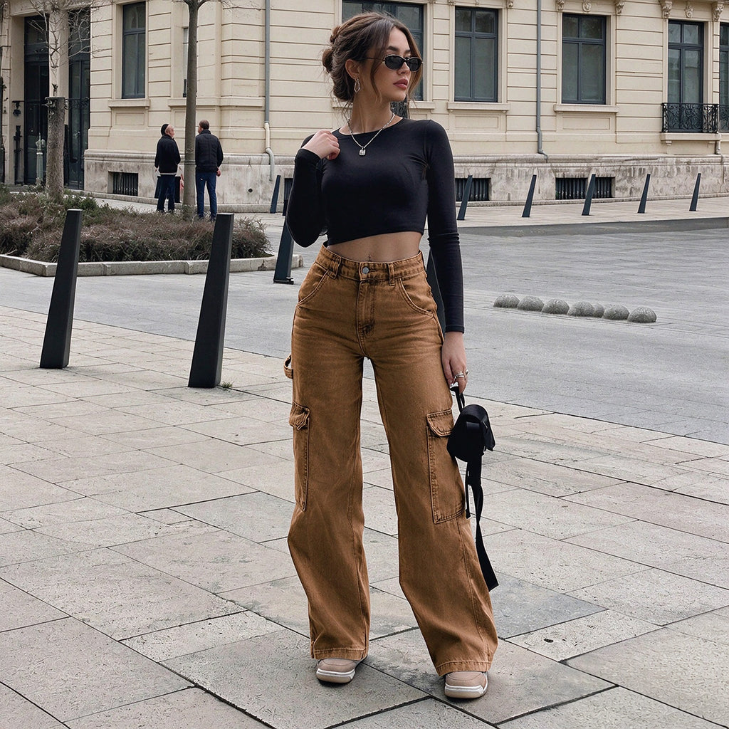 Pantalon cargo en denim stretch taille haute pour femme