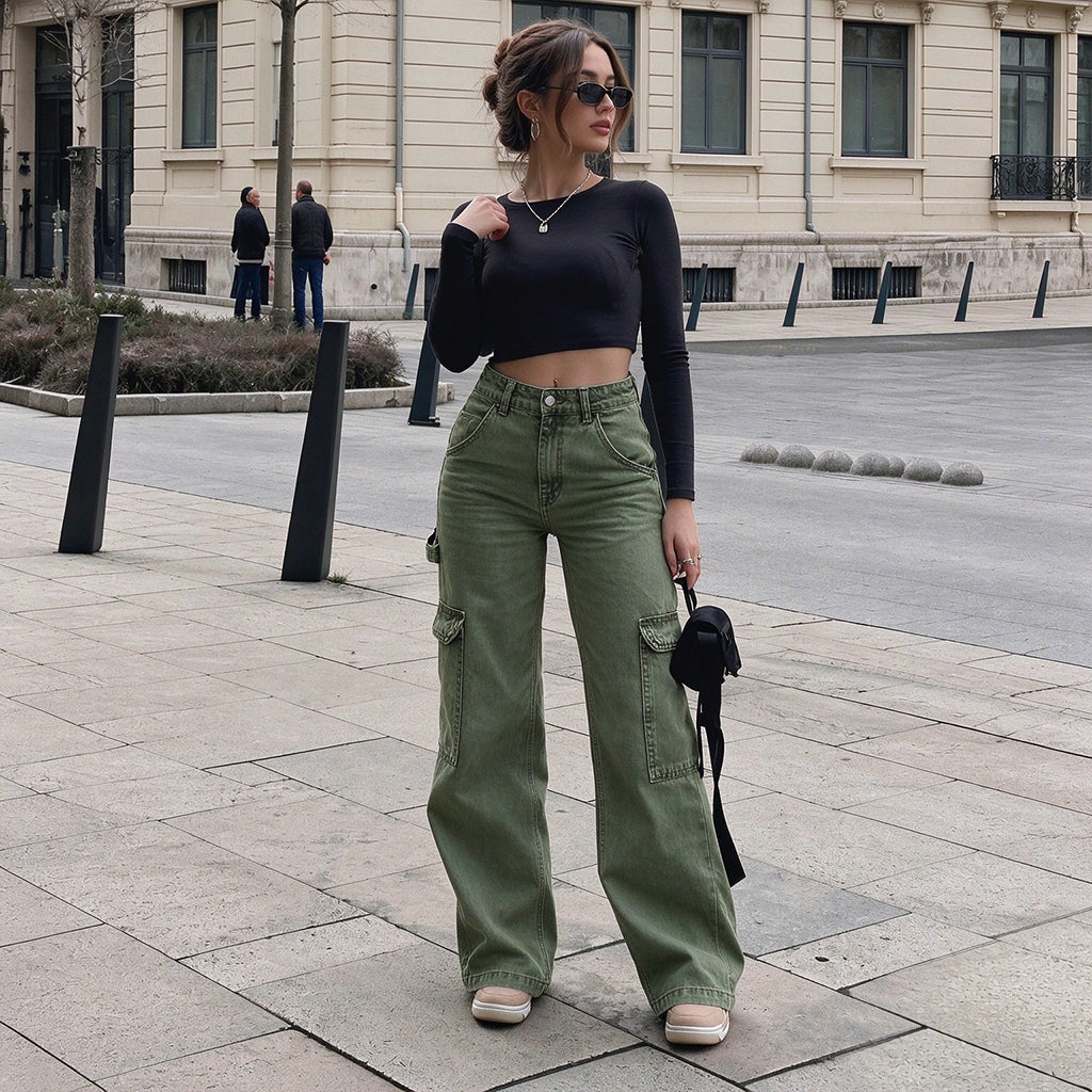 Pantalon cargo en denim stretch taille haute pour femme