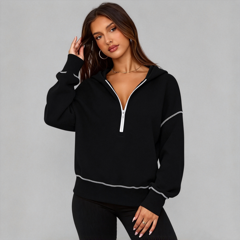 Sweat-shirt court à capuche et fermeture éclair pour femme, avec bordures contrastées, manches longues, coupe ample, couleur unie, style décontracté, idéal pour l'automne et l'hiver